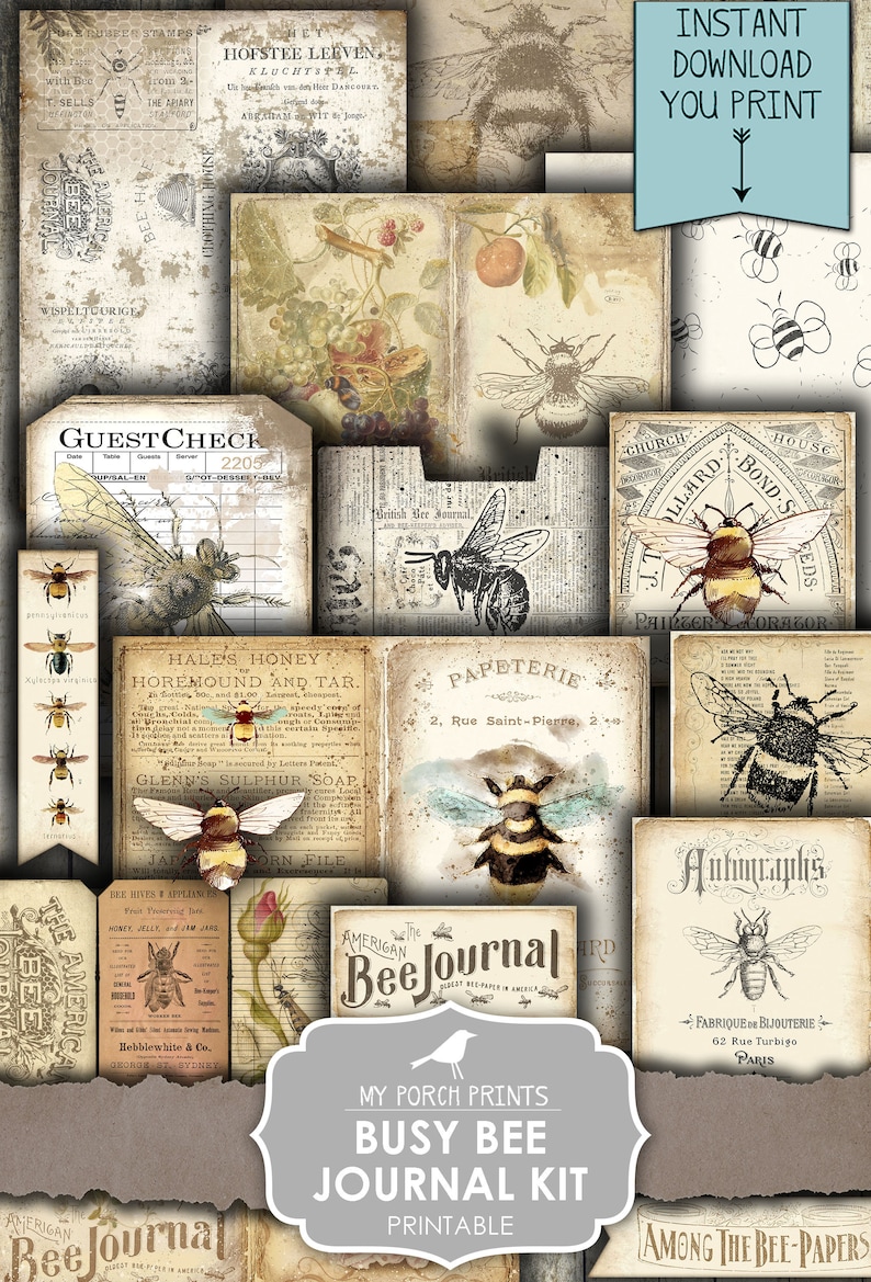 May include: A printable digital journal kit with a busy bee theme. The kit includes 12 vintage-style images featuring bees, flowers, and text. The images are perfect for scrapbooking, card making, and other paper crafts.