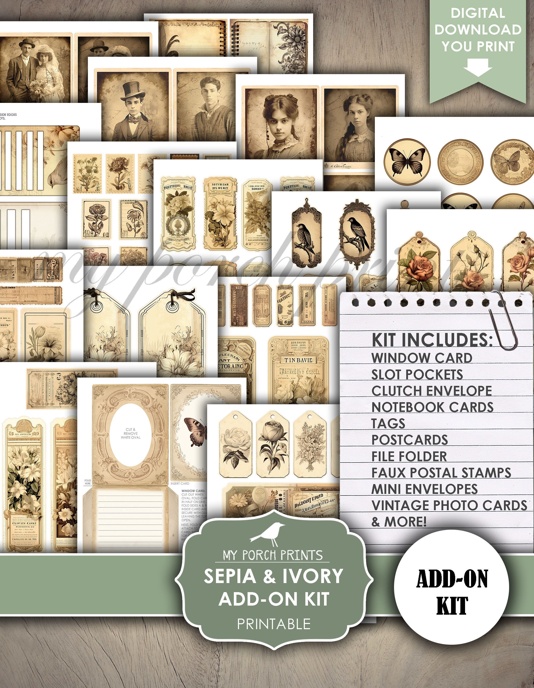 Junk Journal, Sepia, Ivory, Add On, Kit, Antique, Butterflies, Neutral ...
