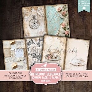 Op de afbeelding: Een verzameling bedrukbare journaalpagina's en -papieren met een vintage esthetiek. De ontwerpen omvatten een zakhorloge, bloempatronen, een theekopje en een zwaan. De afdrukformaat is 21,59 x 27,94 cm.
