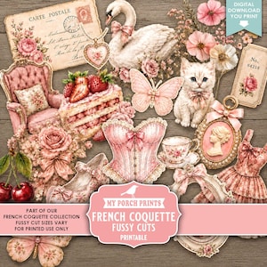 Peut inclure: Une planche de collage numérique présentant des illustrations de style vintage, dont un cygne, un chaton, un corset rose, un gâteau aux fraises, un fauteuil floral, un papillon, un camée, une tasse, une chaussure, une robe et une carte postale.