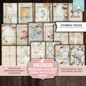 Op de afbeelding: Een verzameling afdrukbare journaalpagina's met vintage bloemen- en damastontwerpen. De pagina's tonen rozen, vlinders en verouderde papiersoorten. De tekst op de afbeelding luidt "Heirloom Elegance Journal Pages & Papers" en "Print Size 8.5x11 inch".