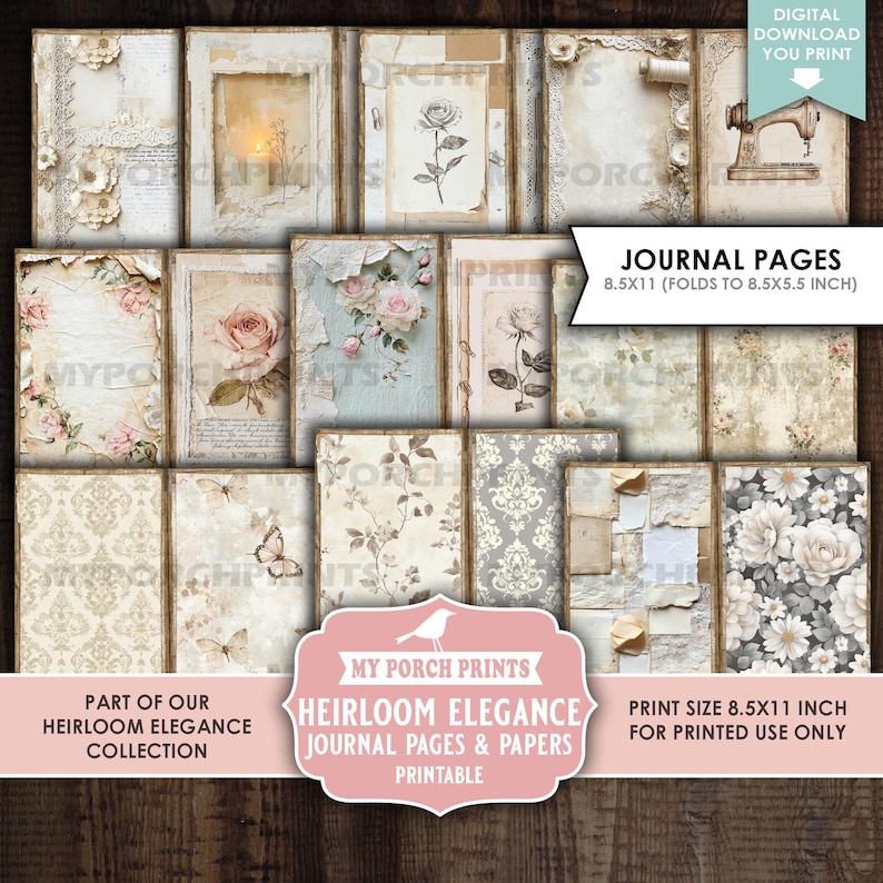 Op de afbeelding: Een verzameling afdrukbare journaalpagina's met vintage bloemen- en damastontwerpen. De pagina's tonen rozen, vlinders en verouderde papiersoorten. De tekst op de afbeelding luidt "Heirloom Elegance Journal Pages & Papers" en "Print Size 8.5x11 inch".