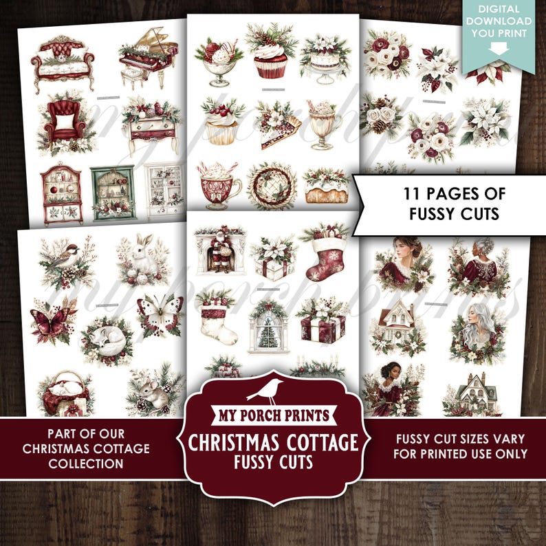 Christmas Cottage Junk Journal FUSSY CUTS, Vintage Holiday Red Green ...