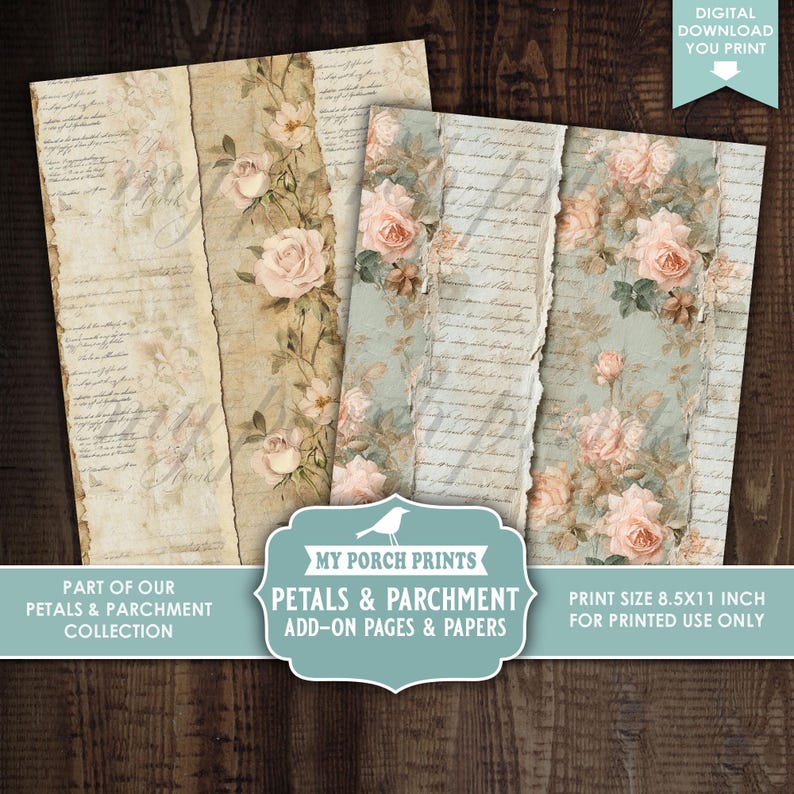 Petals and Parchment Junk Journal, Add-on, PAGES & PAPERS, Roses, Teal ...