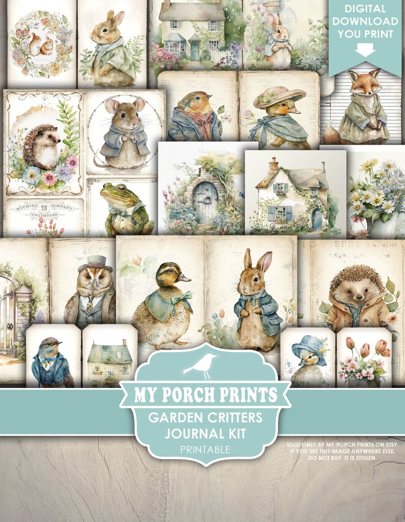 Garden Critters Junk Journal Kit, Woodland, Beatrix Potter Style, Spring, Easter, Animals, My Porch Prints, Printable, Digital Download image 3