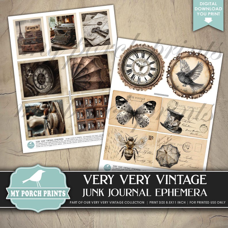 Pu&ograve; includere: Due fogli di effimeri vintage per junk journal. Un foglio presenta un orologio, una farfalla, un'ape e altre immagini antiche. L'altro foglio presenta immagini di una macchina da scrivere, bagagli e un orologio da tasca. Il testo recita "VERY VERY VINTAGE JUNK JOURNAL EPHEMERA".