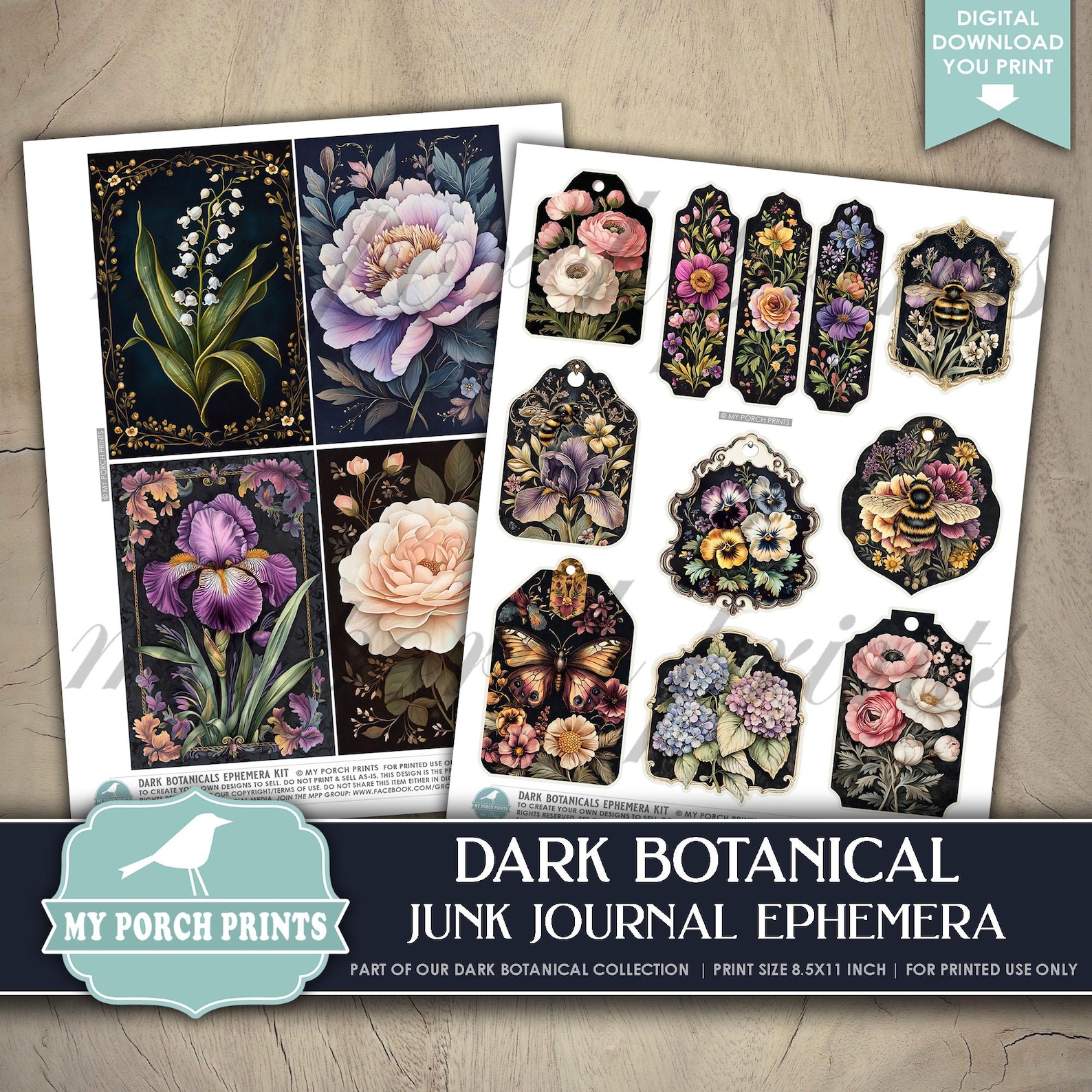 Dark Botanical EPHEMERA, Junk Journal, Kit, Floral, Forest, Black ...