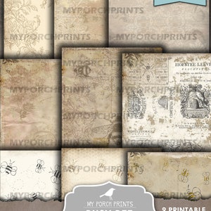 May include: A printable journal kit with a busy bee theme. The kit includes nine papers with vintage-inspired designs featuring bees, honeycombs, and floral patterns. The papers are perfect for scrapbooking, card making, and other craft projects.