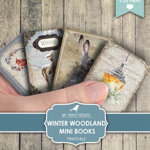 Mini Books, Winter, Woodland, Junk Journal, Forest, Animals, Snow, Wolf, Bird, Book, Miniature, My Porch Prints, Printable, Digital Download
