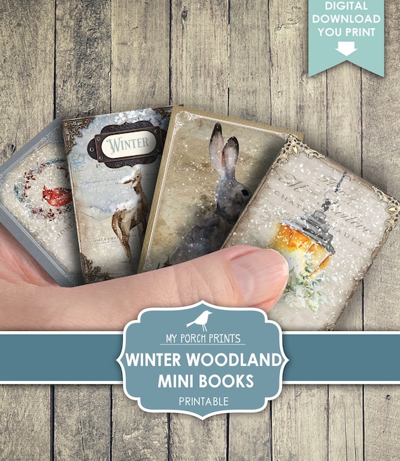 Mini Books, Winter, Woodland, Junk Journal, Forest, Animals, Snow, Wolf, Bird, Book, Miniature, My Porch Prints, Printable, Digital Download