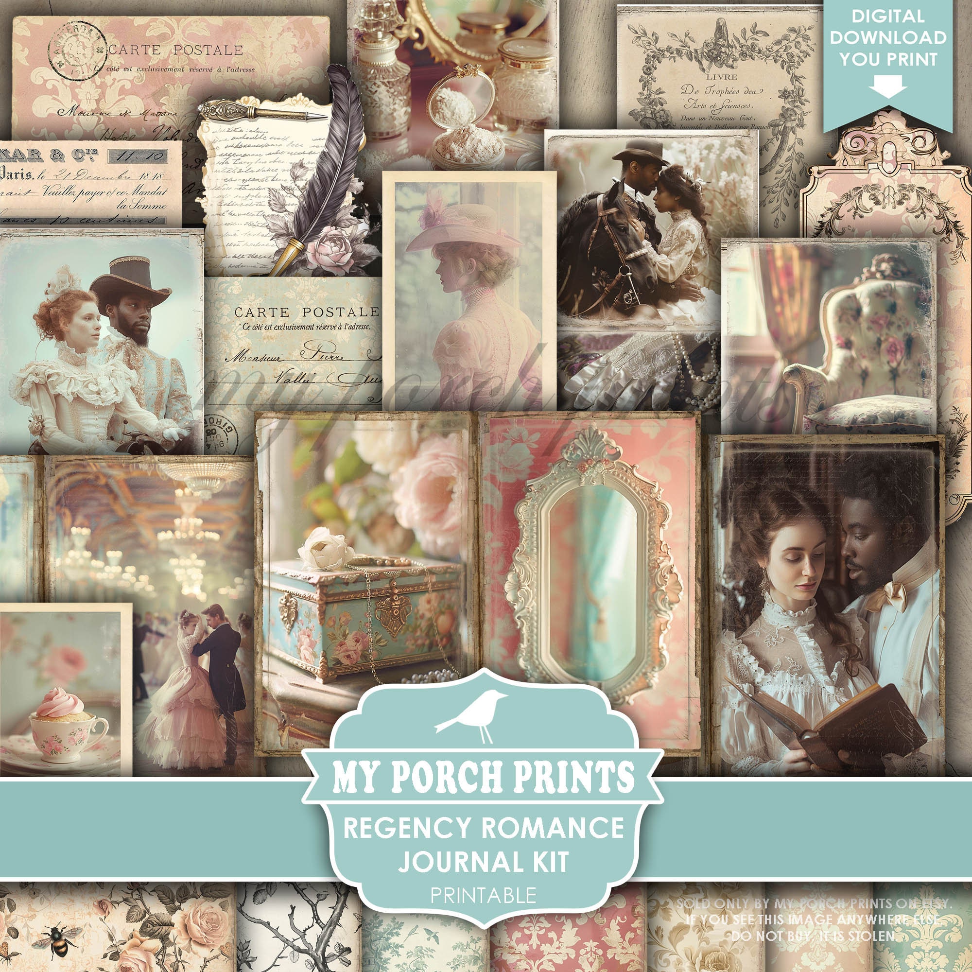 Regency Romance Junk Journal Kit, Pastel, Victorian, Teal, Pink, Floral ...