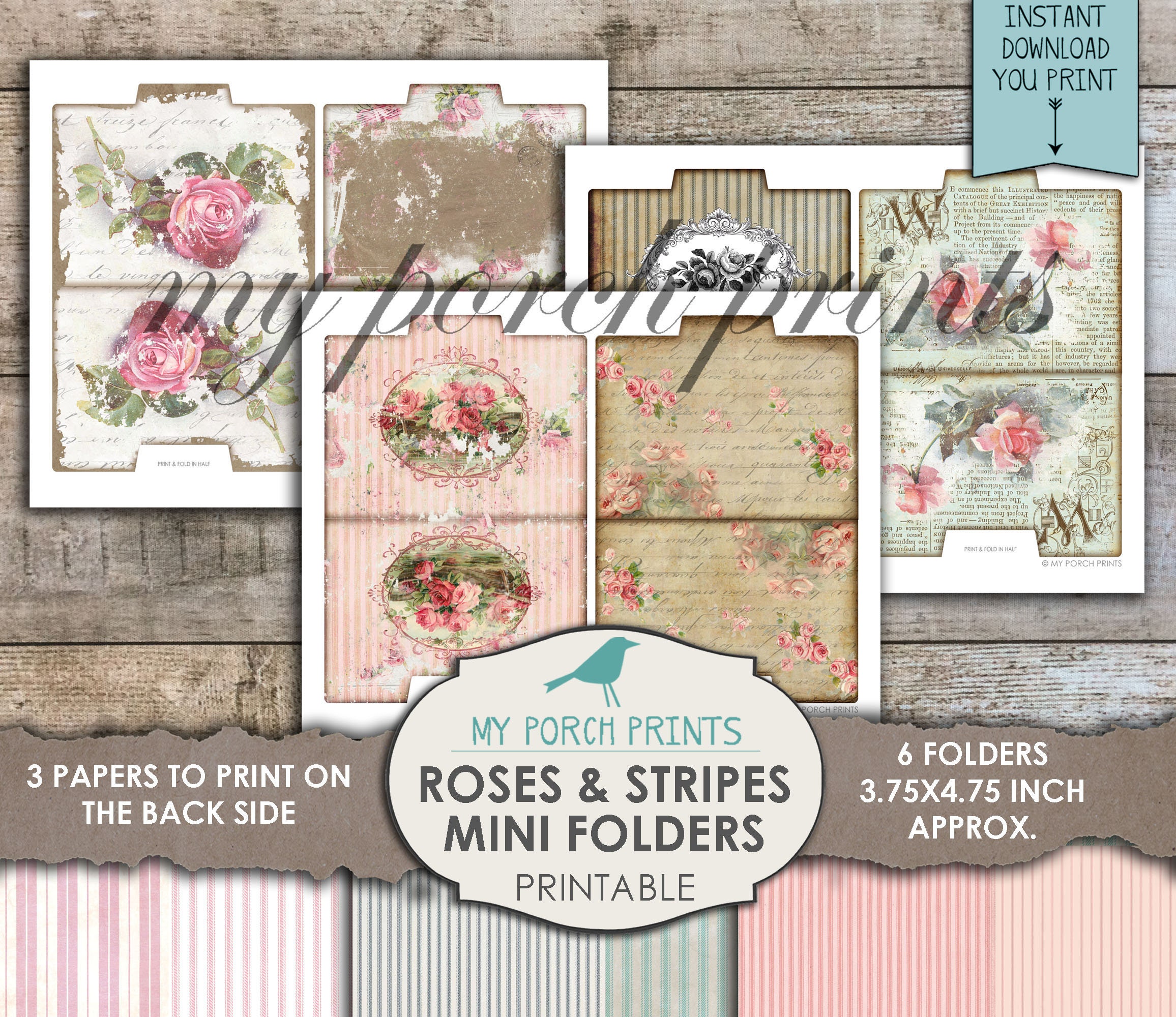Roses and Stripes Mini File Folders, Junk Journal Kit, Shabby, Ephemera ...