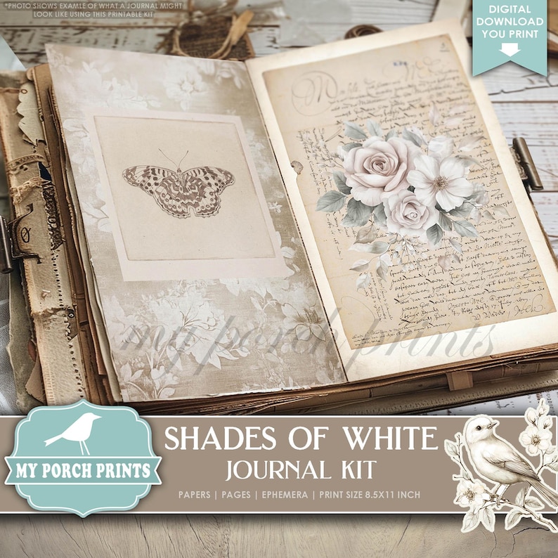 May include: A digital download journal kit titled "Shades of White" with a vintage aesthetic. The kit includes papers, pages, and ephemera. The print size is 8.5x11 inches.