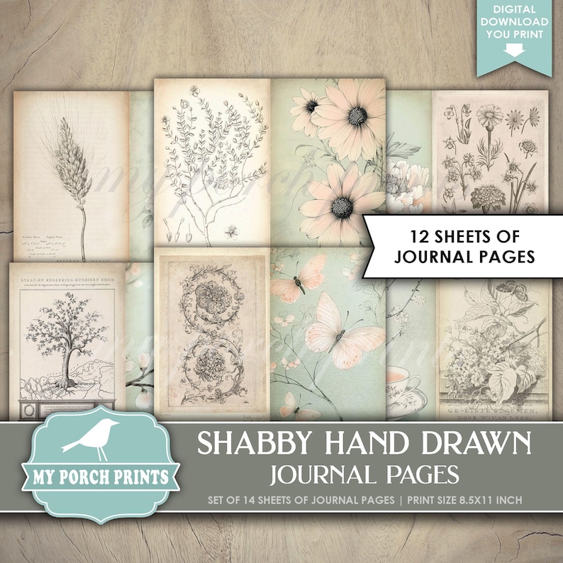 Shabby Hand Drawn Junk Journal Pages, Vintage, Neutral, Teal, Pink ...
