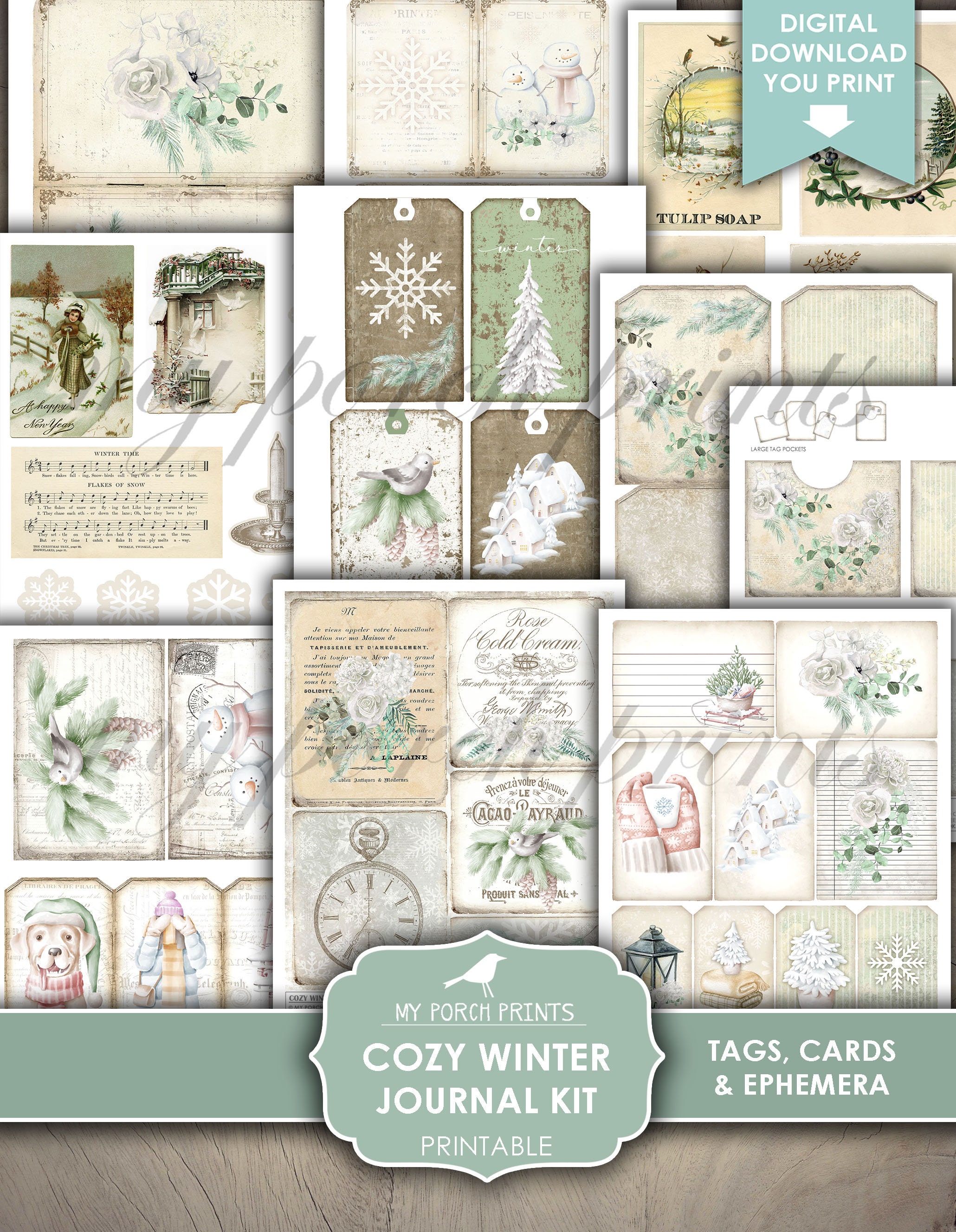 Junk Journal, Cozy, Winter, Kit, December, Green, White, Forest ...