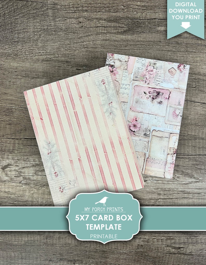 May include: Printable 5x7 card box template with two digital paper designs. One design features pink and white stripes, the other features a vintage floral pattern with pink roses and handwritten text. The text on the template reads "My Porch Prints 5x7 Card Box Template Printable".