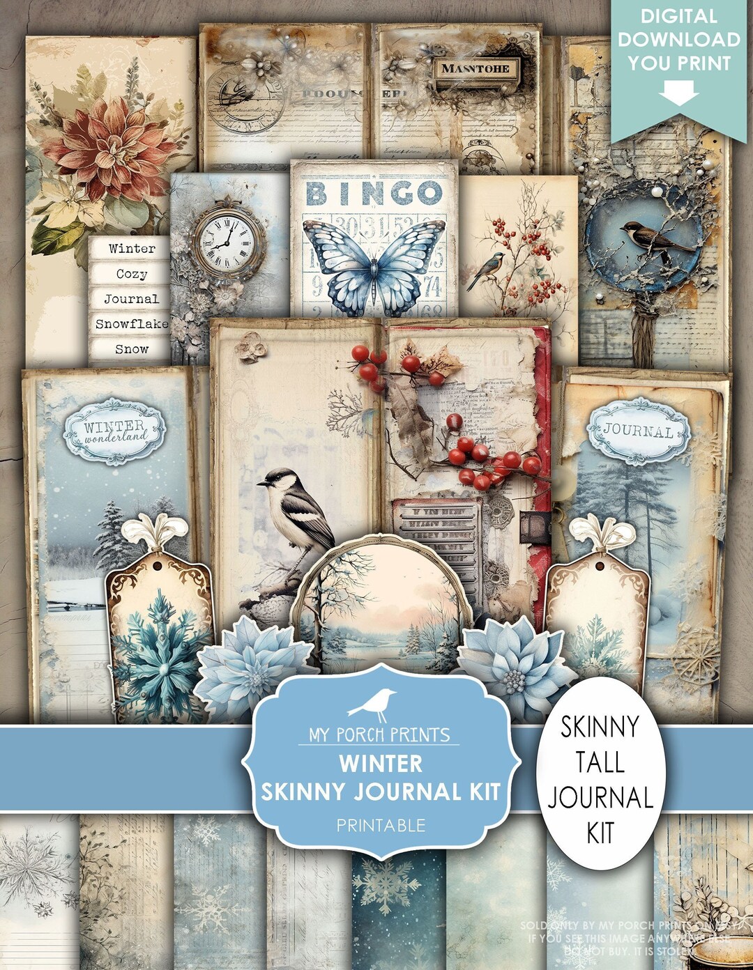 Winter Skinny Junk Journal Kit, Tall, Victorian, Vintage, Grunge ...