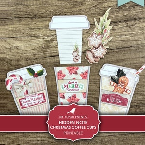 K&ouml;nnte beinhalten: Druckbare Weihnachts-Kaffeetassen-Designs mit einer rot-wei&szlig; gestreiften Tasse mit einem Zuckerstangen, einer rot-wei&szlig; gestreiften Tasse mit einem Weihnachtsstern-Muster und dem Text "Frohe Weihnachten" und einer wei&szlig;en Tasse mit einem Lebkuchenmann und dem Text "B&auml;ckerei von Frau Claus".