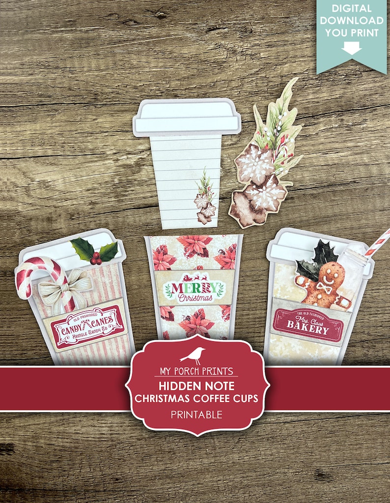 K&ouml;nnte beinhalten: Druckbare Weihnachts-Kaffeetassen-Designs mit einer rot-wei&szlig; gestreiften Tasse mit einem Zuckerstangen, einer rot-wei&szlig; gestreiften Tasse mit einem Weihnachtsstern-Muster und dem Text "Frohe Weihnachten" und einer wei&szlig;en Tasse mit einem Lebkuchenmann und dem Text "B&auml;ckerei von Frau Claus".