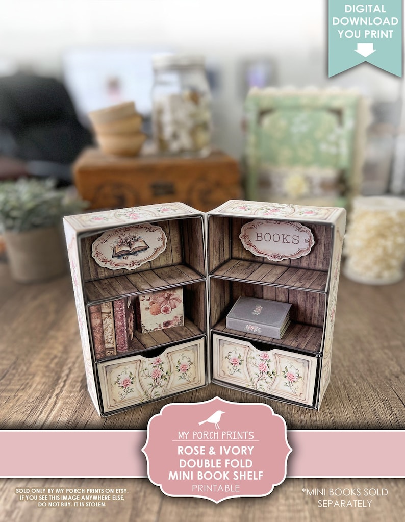Rose and Ivory Double Fold Mini Book Shelf, Junk Journal Books, Bookshelf Box, Miniature Cabinet, Printable My Porch Prints Digital Download bild 1