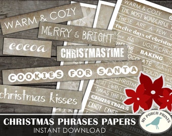 Christmas Words and Phrases, Papers, Journal, December Daily, Mixed Media, Digital, Phrases, Neutral, Junk Journal, Kit, Printable, Ephemera