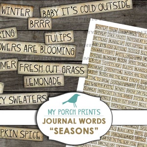 Jahreszeiten Journal Wörter, Inspiration, Mischtechnik, Winter, Frühling, Sommer, Herbst, Collage Sheet, Junk Journal, Printable, Ephemera