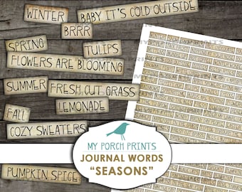 Seasons Journal Words, Inspirational, Mixed Media, Winter, Spring, Summer, Fall, Autumn, Collage Sheet, Junk Journal, Printable, Ephemera