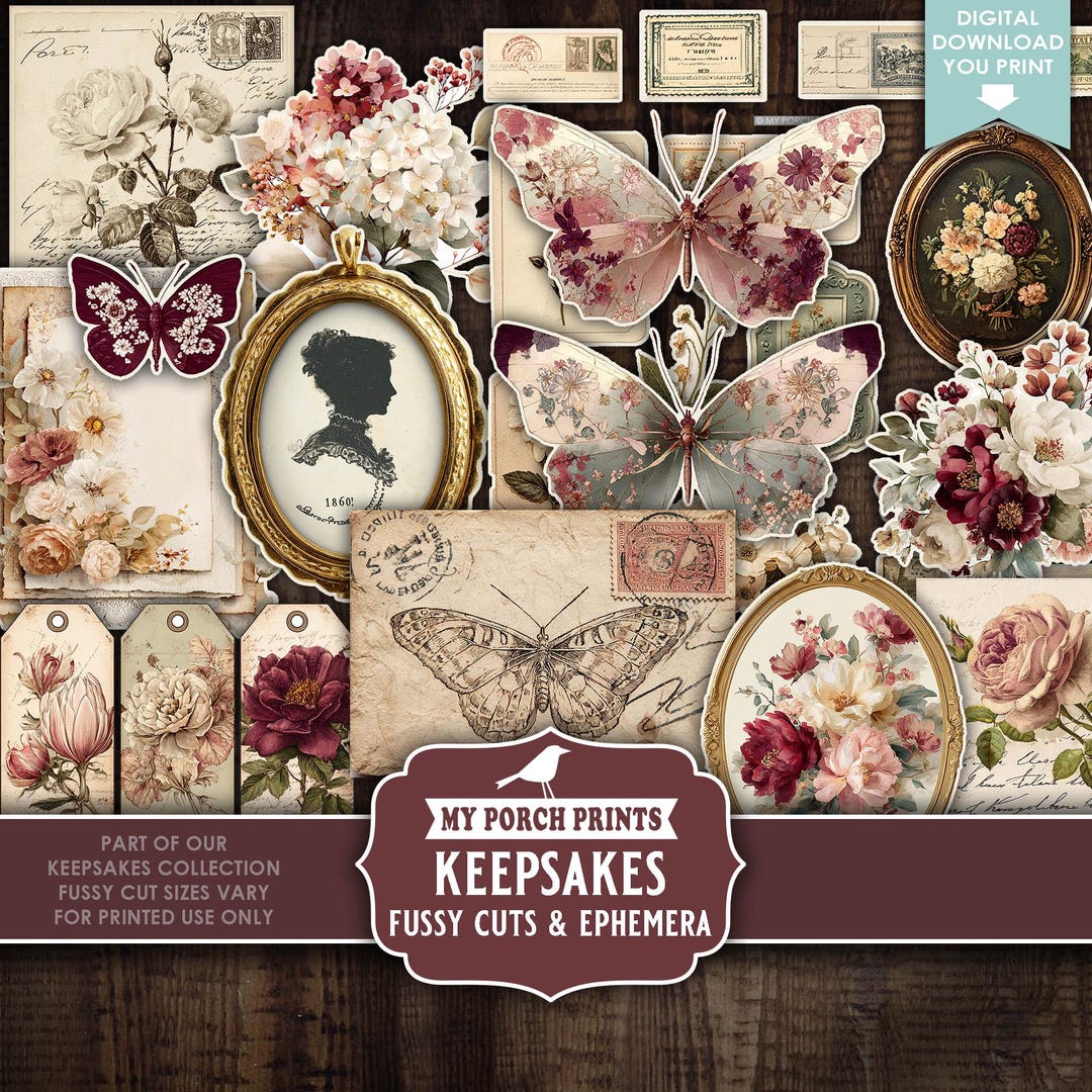Keepsakes Junk Journal FUSSY CUTS & EPHEMERA, Burgundy, Vintage, Sepia ...
