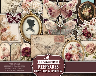 Keepsakes Junk Journal FUSSY CUTS & EPHEMERA, Burgundy, Vintage, Sepia, Cameo, Victorian, My Porch Prints Printable Digital Download