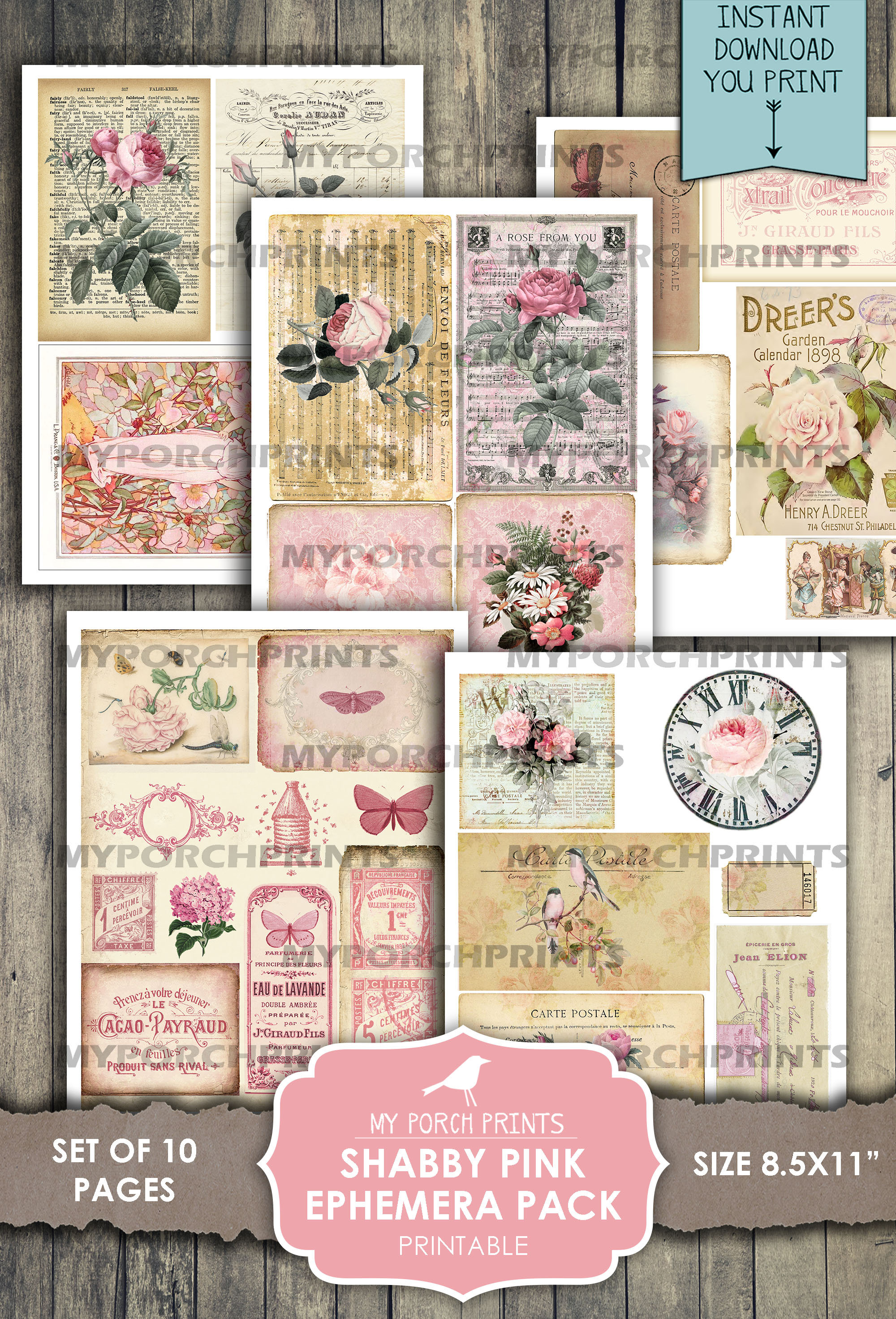 Shabby Pink Ephemera Pack, Junk Journal, Papers, My Porch Prints, Tag ...