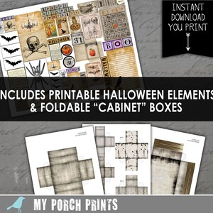 Puede incluir: Elementos de Halloween imprimibles y cajas "armario" plegables. La imagen muestra una hoja de elementos de Halloween imprimibles, incluyendo murci&eacute;lagos, calaveras, calabazas y una tarjeta de bingo. Tambi&eacute;n hay dos plantillas de cajas imprimibles.