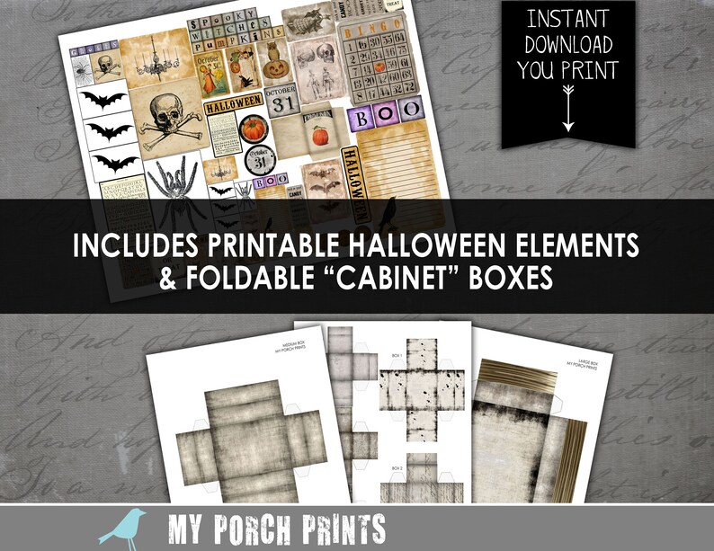 Puede incluir: Elementos de Halloween imprimibles y cajas "armario" plegables. La imagen muestra una hoja de elementos de Halloween imprimibles, incluyendo murci&eacute;lagos, calaveras, calabazas y una tarjeta de bingo. Tambi&eacute;n hay dos plantillas de cajas imprimibles.