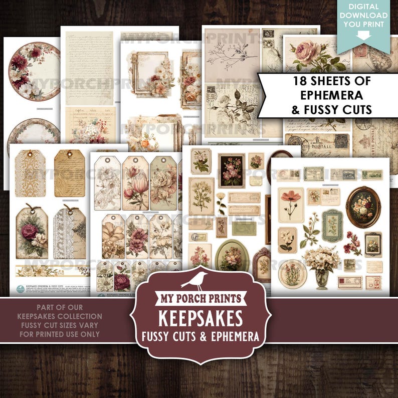 Keepsakes Junk Journal FUSSY CUTS & EPHEMERA, Burgundy, Vintage, Sepia ...