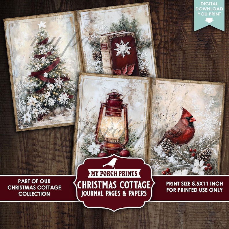 Christmas Cottage Junk Journal PAGES & PAPERS, Vintage, Holiday, Red ...