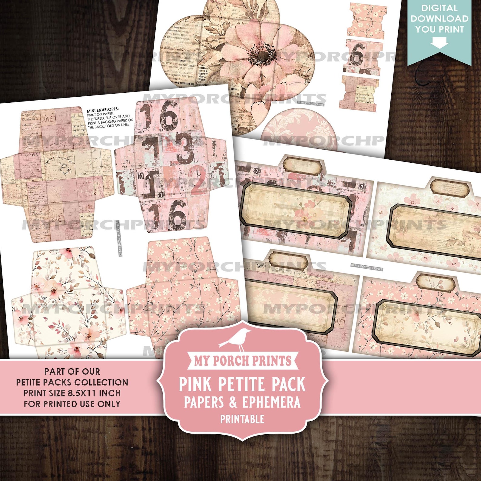 Pink Petite Pack Junk Journal Ephemera and Papers Kit, Shabby Numbers ...
