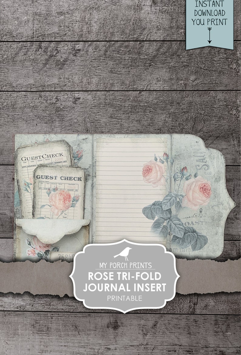 Junk Journal, Kit, Rose, Tri-Fold, Journal Insert, Ephemera, Handmade, Printable, Embellishment, Vintage, Digital, Download, My Porch Prints image 1