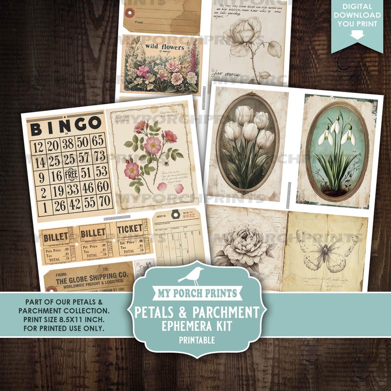 Petals and Parchment Junk Journal EPHEMERA Kit, Vintage, Bird, Spring ...