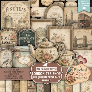 May include: A digital scrapbooking kit featuring vintage-style illustrations of teapots, teacups, roses, London landmarks like Big Ben and Tower Bridge, and tea shop signage. The collection includes various labels, tags, and floral patterns.