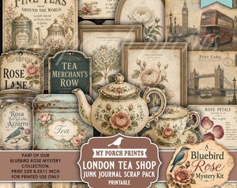 Pacchetto di scrapbooking Bluebird Rose Mystery London Tea Shop, kit di junk journal, carte vintage, libri sul tè, uccelli, stampe My Porch, download digitale stampabile