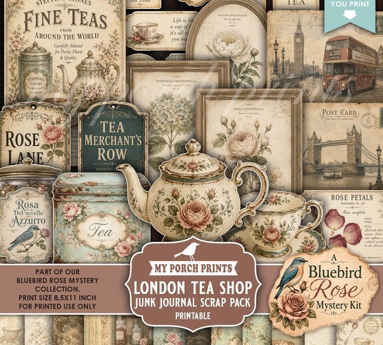 Bluebird Rose Mystery London Tea Shop Scrap Pack — Vintage Tea Books & Bird Junk Journal Kit