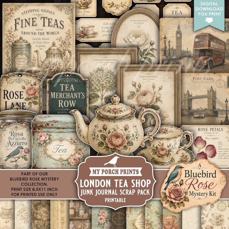 May include: A digital scrapbooking kit featuring vintage-style illustrations of teapots, teacups, roses, London landmarks like Big Ben and Tower Bridge, and tea shop signage. The collection includes various labels, tags, and floral patterns.