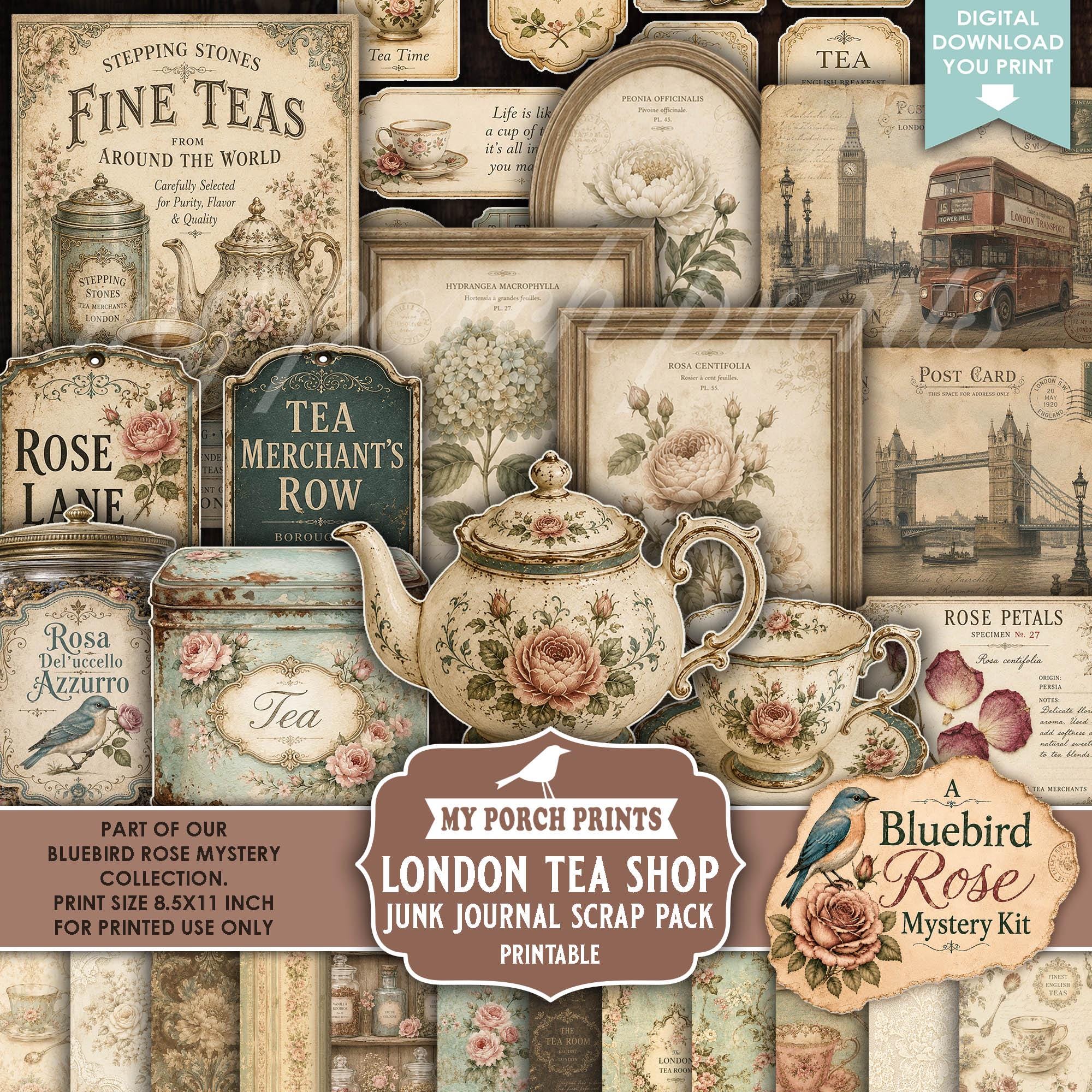 Bluebird Rose Mystery London Tea Shop Scrap Pack, Junk Journal Kit Papers Vintage Tea Books Bird My Porch Prints Printable Digital Download