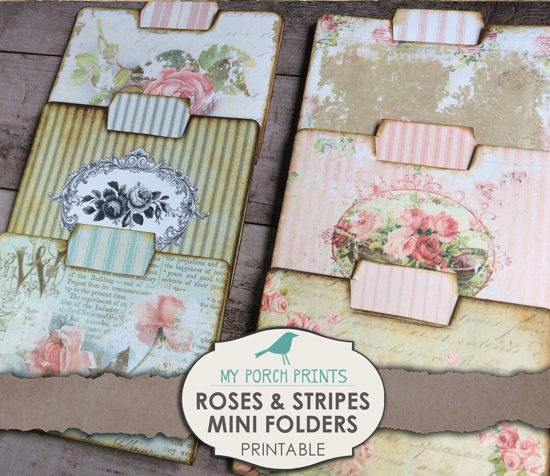 Roses and Stripes Mini File Folders, Junk Journal Kit, Shabby, Ephemera ...