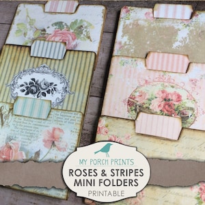 Mini Datei Ordner, Rose, Streifen, Junk Journal Kit, Shabby, Ephemera, My Porch Prints Store, Printable, Digi Kit, MyPorchPrints, Scrapbook