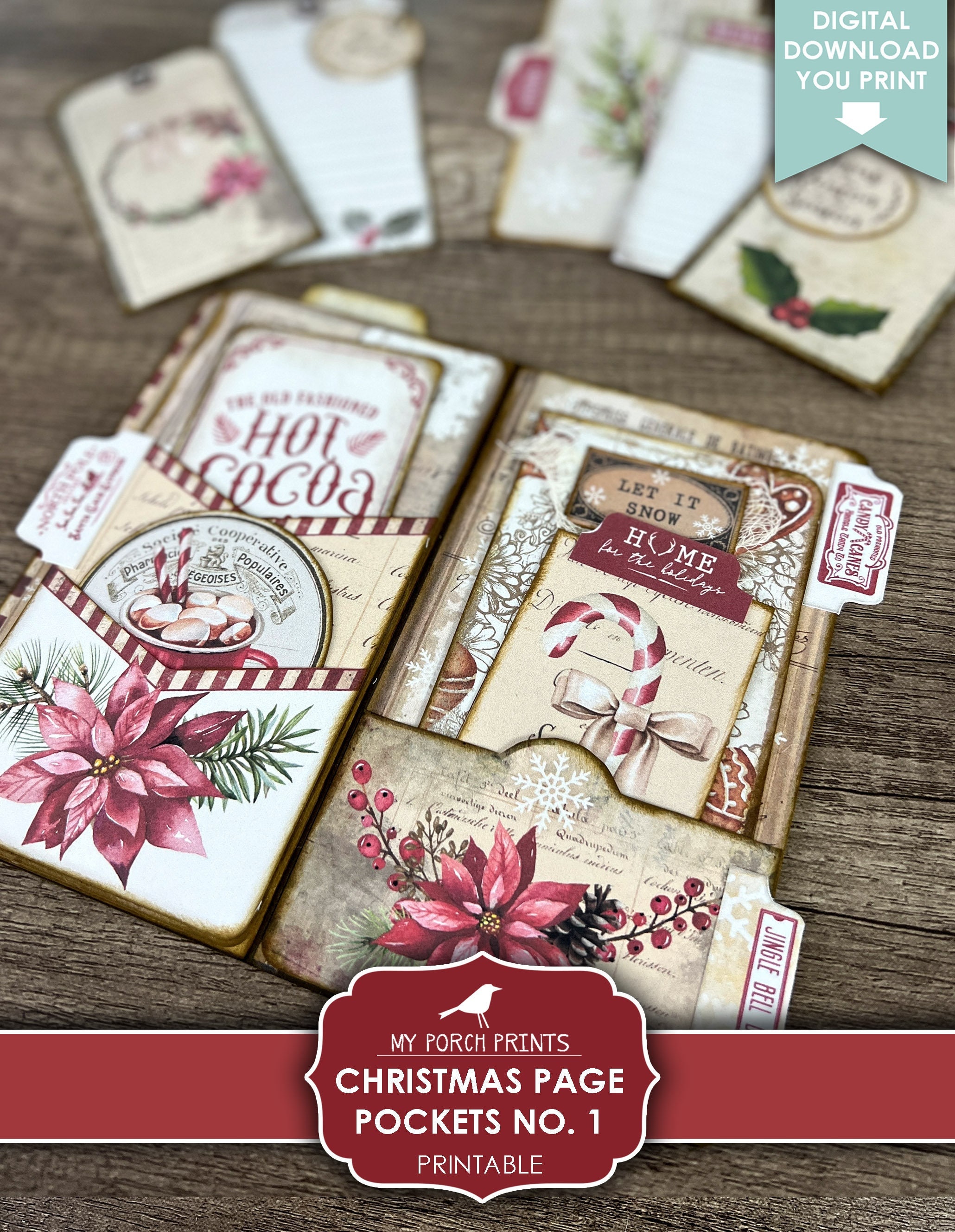 Junk Journal, Christmas Page Pockets, No. 1, Folio, Folder, Card, Kit, Vintage, Pocket, My Porch Prints, Digital, Download, Printable