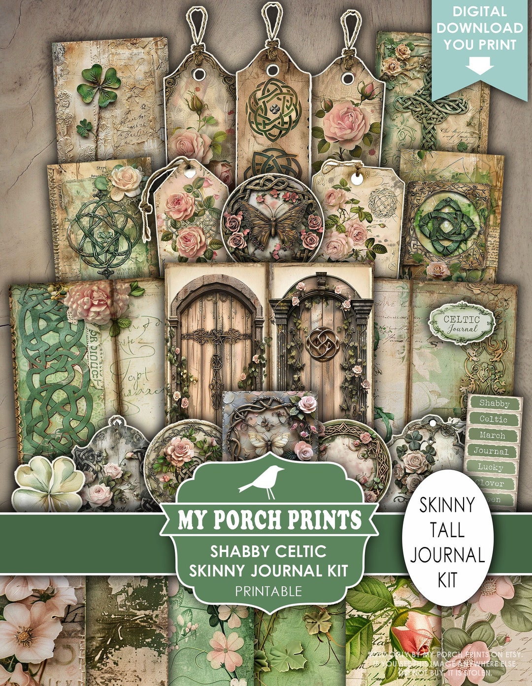 Shabby Celtic Skinny Junk Journal Kit, Tall, Vintage, Green, St, Saint ...