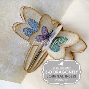Insertion de journal indésirable, 3D, libellule, page de livre, dimensions, pop up, kit de journal indésirable, imprimable, impressions My Porch, kit digi, téléchargement numérique