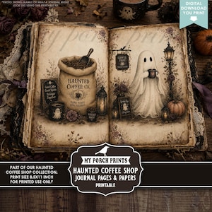 Può includere: Un diario aperto con illustrazioni in stile vintage di un sacco di caffè etichettato Haunted Coffee Co. e un fantasma che tiene in mano una tazza. Le pagine includono testi come Good Coffee Great Spirits Stronger Together e Coffee First Haunt Later.