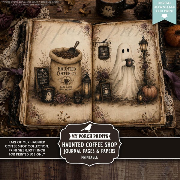 Halloween Haunted Coffee Shop Junk Journal PAGES & PAPERS, October Spooky Ghost Cafe Pumpkin My Porch Prints Printable Digital Download