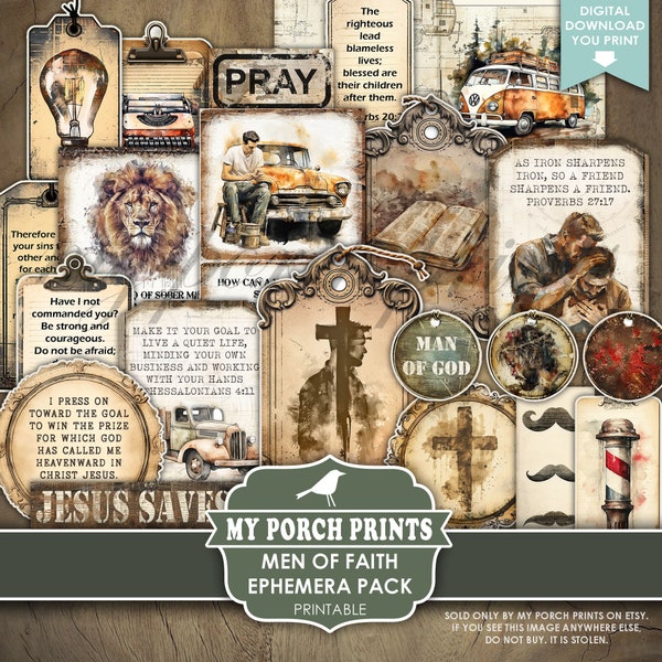 Men of Faith Ephemera Pack, Junk Journal, Tags, Scripture, Man, Masculine, Gift, Grunge, Card, My Porch Prints, Printable, Digital Download